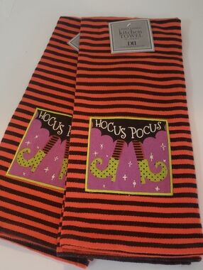 Design Imports Hocus Pocus Orange & Black Striped Kitchen Towels - Set of 2